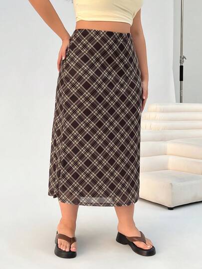 SHEIN EZwear 大码女式格子网眼 A 字形长裙，高腰时尚