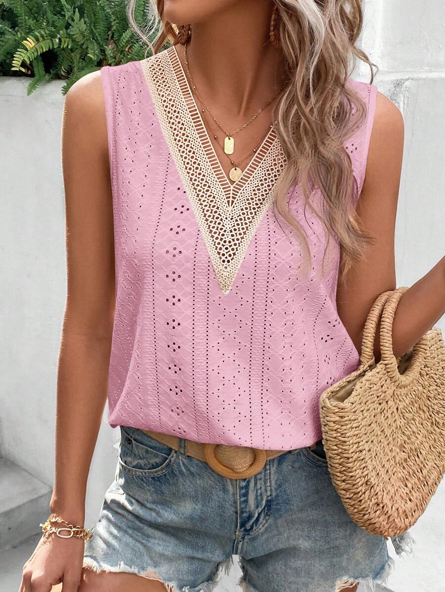 SHEIN VCAY Spring Guipure Lace Panel Eyelet Embroidery Tank Top - Dusty Pink - View 1