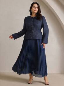 Anewsta Vestido de talla grande para mujer elegante para cita nocturna/fiesta, de manga larga, con parches y pliegues, falso de 2 piezas - Azul - Ver 6