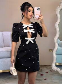 Chiquease Women's Elegant Contrast Hollow Out Bowknot Detail Dress - Black and White - View 1