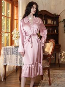 Elegant Color Contrast Ruffle Trim Women's Bathrobe - Dusty Pink - View 7