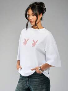 Missguided x Playboy Oversized T-Shirt mit doppeltem Hasen-Kopf und Drop-Shoulder-Schnitt - Weiss - Übersicht 5