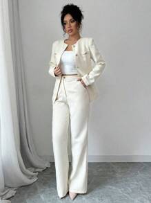 Chiquease 2 件套女士圆领长袖开衩下摆单排扣西装套装