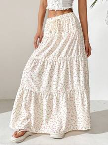 SHEIN EZwear 大码女式碎花荷叶边下摆休闲宽裙