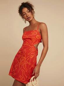 Travachic Women's Sun Pattern Cutout Waist Casual Red Spaghetti Strap Dress