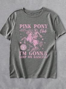 INAWLY 大码圆领宽松短袖休闲度假上衣，复古西部牛仔女图案 T 恤，百搭夏季女装 - 深灰色 - 查看 5