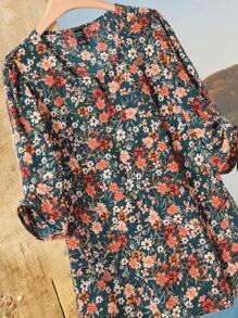 EMERY ROSE Blusa de manga abultada con estampado floral diminuto para vacaciones