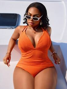 SHEIN Swim Curve Plus Size Women's Sexy Elegant Orange Polka Dot Jacquard Deep V-Neck One-Piece Swimsuit, Suitable For Daily Beach Vacation For Summer - Orange - View 1