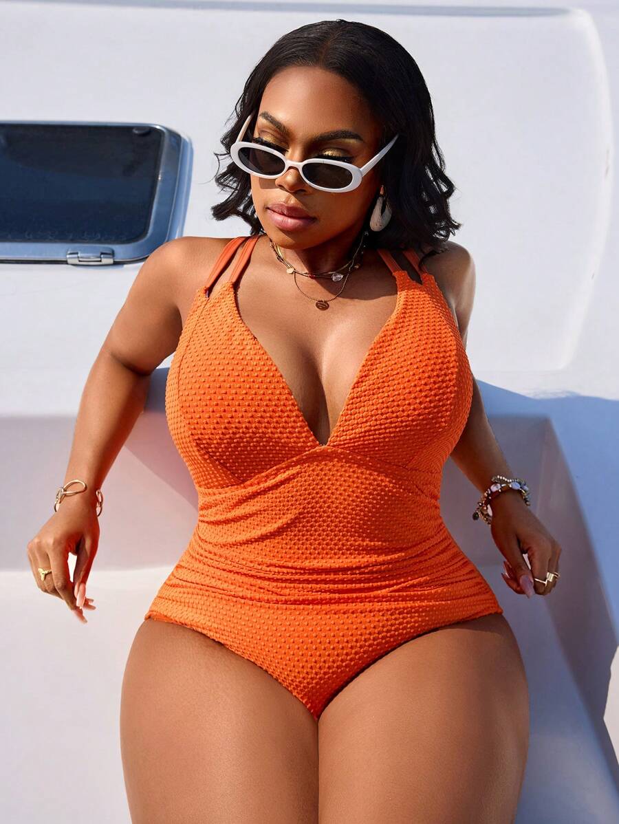SHEIN Swim Curve Plus Size Women's Sexy Elegant Orange Polka Dot Jacquard Deep V-Neck One-Piece Swimsuit, Suitable For Daily Beach Vacation For Summer - Orange - View 1