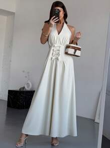 SHEIN Privé Elegante romantische sexy V-hals strik A-lijn lange jurk, mode voor date, feest en Valentijnsdag