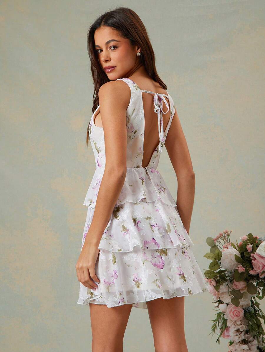 L'Amorae DEEP V NECK TIERED FLORAL PRINT MINI DRESS - Multicolor - View 1