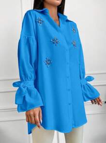EURMUSE Floral Embroidery Knot Cuff Drop Shoulder Shirt - Blue - View 3