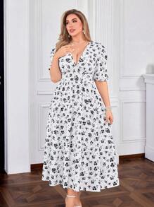 SHEIN Clasi Elegante vestido largo de estilo maxi con cuello en V y estampado floral para mujeres de talla grande