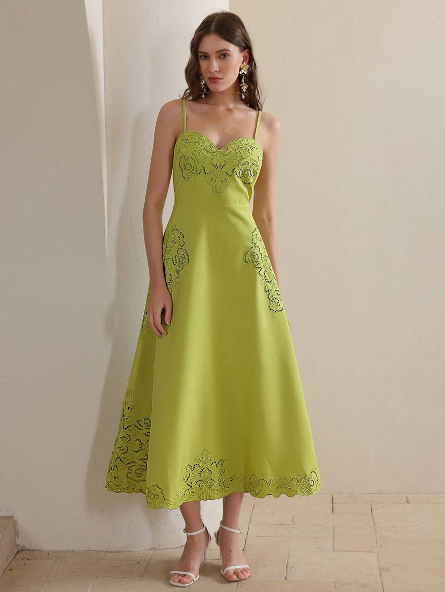 绿色烂花镂空 3D 花卉收腰 A 字形吊带裙，女士夏日节日外出度假装 - 綠色 - 查看 1