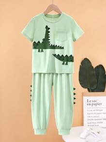 SHEIN مجموعة تي شيرت كاجوال بأكمام قصيرة وبتصميم قصدير 3D مطبوع وبنطلون للأنشطة الخارجية في الربيع والصيف، مناسبة للاستخدام اليومي والرياضي للأولاد الصغار 2 قطعة