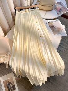 SHEIN Clasi Pleated Waist Metal Buckle Decor Solid Color Casual Work Skirt For Women Fall Cloth For Women