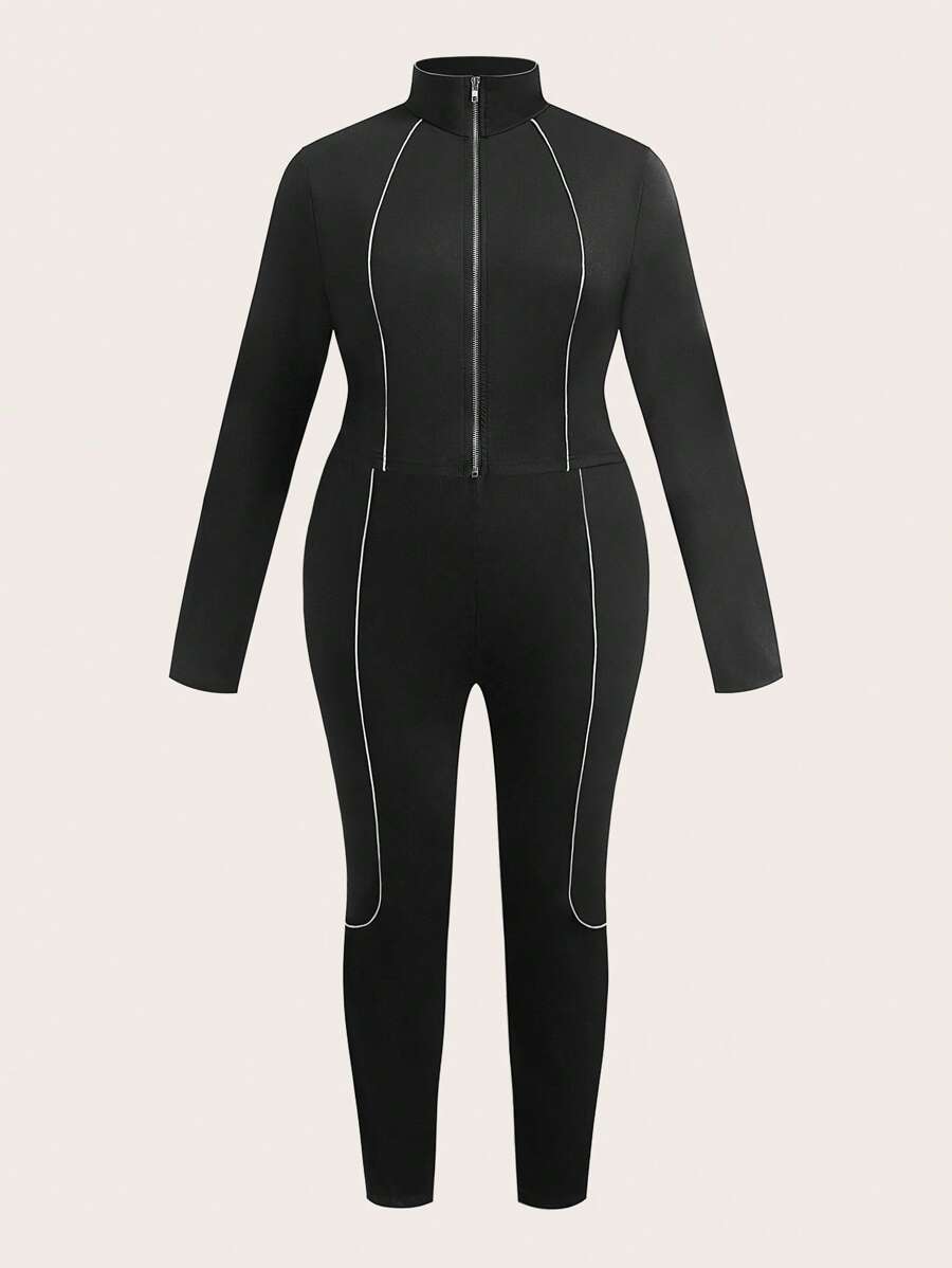 SHEIN EZwear 2pcs/Set Plus Size Women Zip-Up Long Sleeve Top And Pants, Simple Fashionable Casual Everyday Wear - Black - View 1