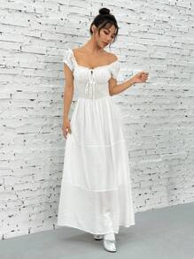 SHEIN EZwear Vestido largo casual de manga corta con corbata a la cintura para mujer, ideal para vacaciones