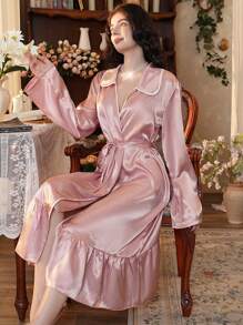 Elegant Color Contrast Ruffle Trim Women's Bathrobe - Dusty Pink - View 3