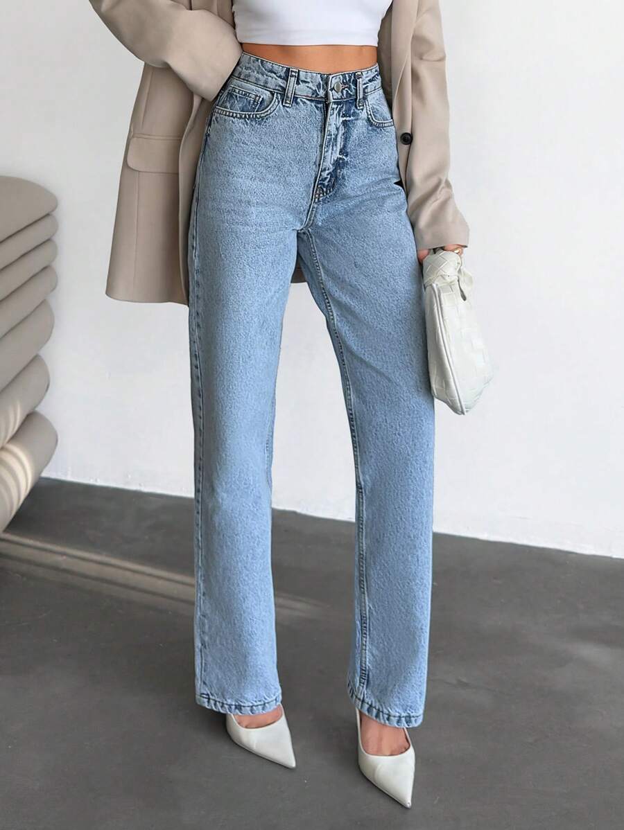 RueChic Jeans casual dritti in vita alta lavati per donna