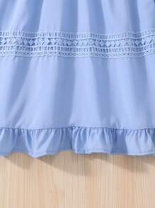 SHEIN 2 件/套 Tween Girl 白色蕾丝夹克搭配条纹饰边上衣，搭配蓝色细肩带连衣裙，浸染花卉下摆和荷叶边饰边，可爱优雅的日常休闲装，夏季 - 藍色 - 查看 6