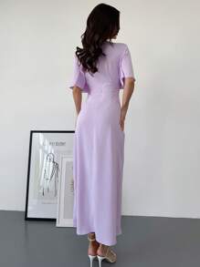 Firerie Vestido corto de manga corta, de cintura alta y corte evasé, en color rosa-púrpura, con volantes y estampado floral, elegante y romántico, ideal para el Día de San Valentín, el Ramadán o de vacaciones