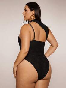 SHEIN BAE Plus Size Women's Summer Black Sheer Lace Mesh Patchwork Sleeveless Bodysuit, Suitable For Commuting, Vacation, Summer, Young Fashion Bodysuit. Beach Vacation Bodysuit, Graduation Season, Birthday, Party, Mother's Day - Black - View 1