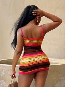 BamGleam Multi Colored Waist Cinched Women's Neck Tied Sweater Dress, Mini And Hollowed Out Knitted Sweater Dress, Casual And Sexy Spring And Summer Women's Clothing That Meets Basic Travel Needs - Multicolor - View 2