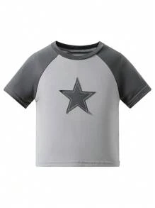 SHEIN Top casual la modă pentru fete tinere, cu mânecă scurtă, cu broderie de stele, raglan, potrivit pentru vară, de zi cu zi, timp liber, călătorii și vacanță