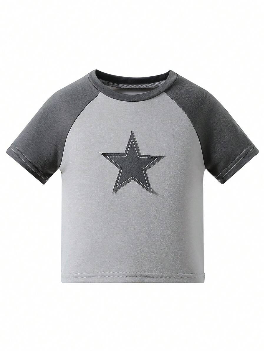SHEIN Top casual la modă pentru fete tinere, cu mânecă scurtă, cu broderie de stele, raglan, potrivit pentru vară, de zi cu zi, timp liber, călătorii și vacanță