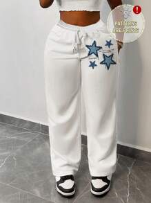 Slaydiva New Simple Casual Basic Street Sports Elastic Drawstring Straight Leg Pants, White Star Pattern Sweatpants For Plus Size Women Fall Clothes Winter Clothes