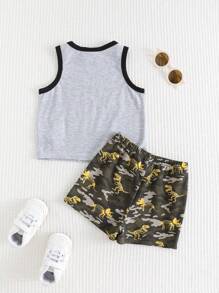 Cozy Pixies 2 件装男婴字母图案柔软针织无袖圆领上衣和松紧腰短裤套装