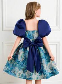 SHEIN Tween Girl Navy Blue Floral Summer Elegant Flowergirl Round Neck Puff Sleeve Jacquard A-Line Cake Dress,Back Big Bow Princess Party Formal Attire - Multicolor - View 3