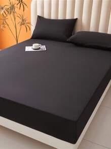 1pc Solid Color Waterproof Fitted Sheet, Microfiber Blanket For Bedroom - Black - View 8