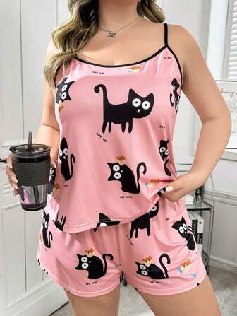 SweetSlumber Conjunto de pijama de top de tirantes de punto con estampado de gato caricaturesco y shorts para mujer talla grande, apto para todas las estaciones