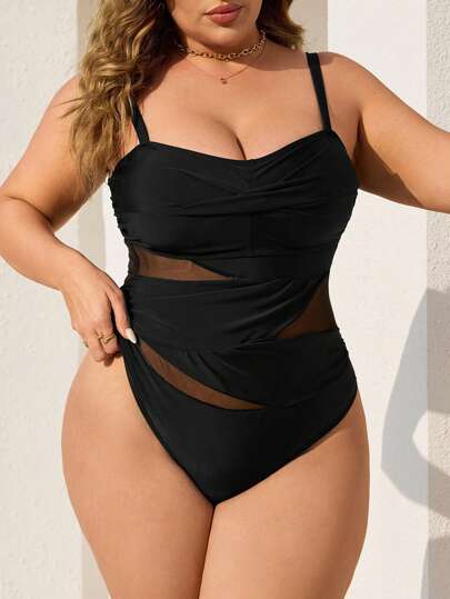 Traje de baño de una pieza de tul retocado con cintura fruncida para vacaciones, talla grande para mujer