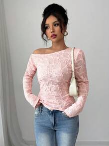 Elenzga 女士标准尺码提花弹性纯色不对称下摆优雅衬衫 - 粉色 - 查看 4