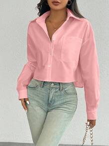 EMERY ROSE Áo sơ mi nữ tay dài đơn giản thả vai đơn giản có túi thường ngày - Hồng - Xem 3