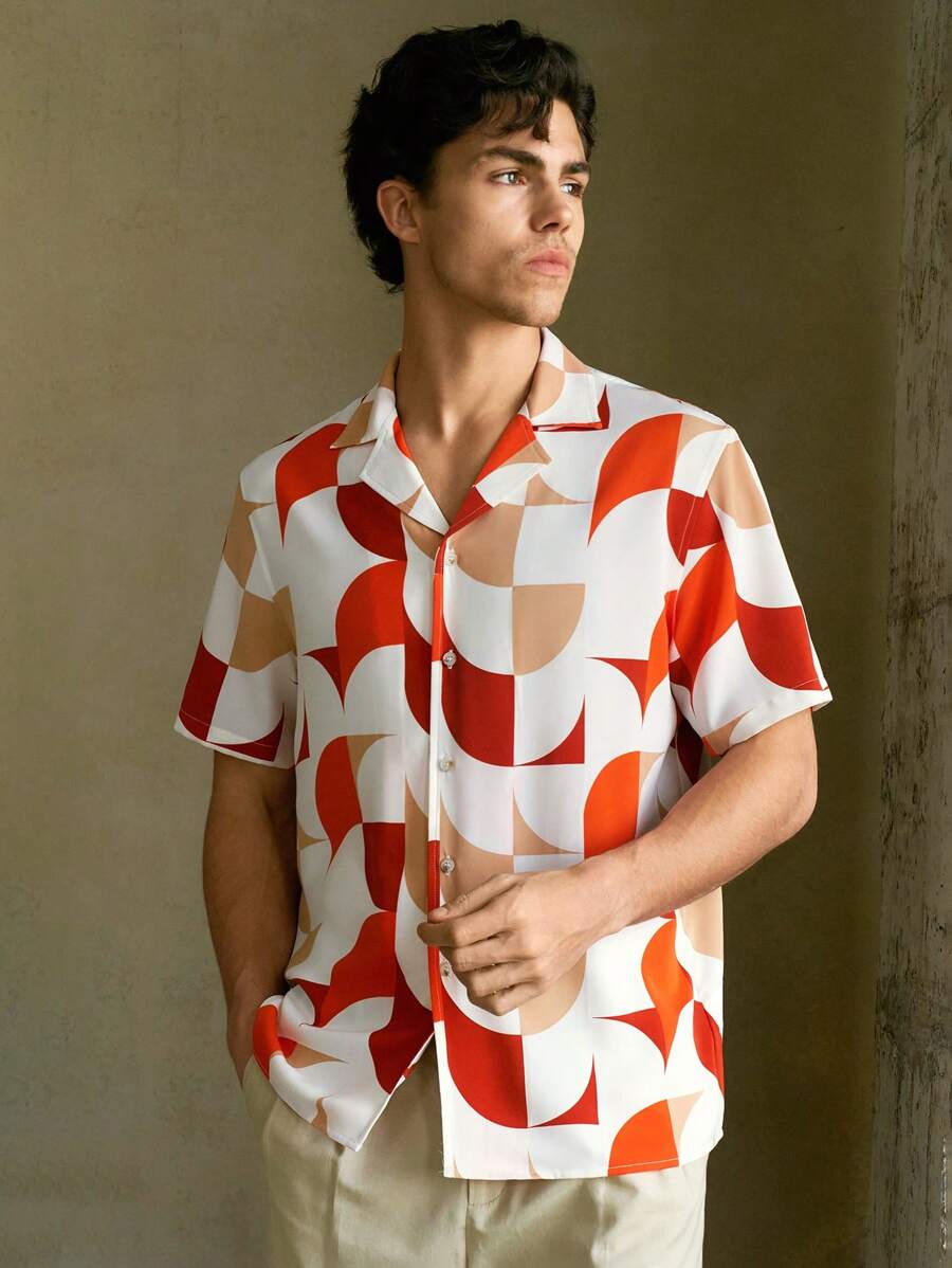 Manfinity VCAY Men's Woven Short Sleeve Casual Mandarin Collar Shirt, Suitable For Summer - Multicolor - View 1