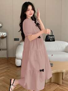 DAZY Ladies' Butterfly Decor Round Neck Short Puff Sleeve Ruffle Hem A-Line Dress, Back To School Formal Dress Sundress - Pink - View 5