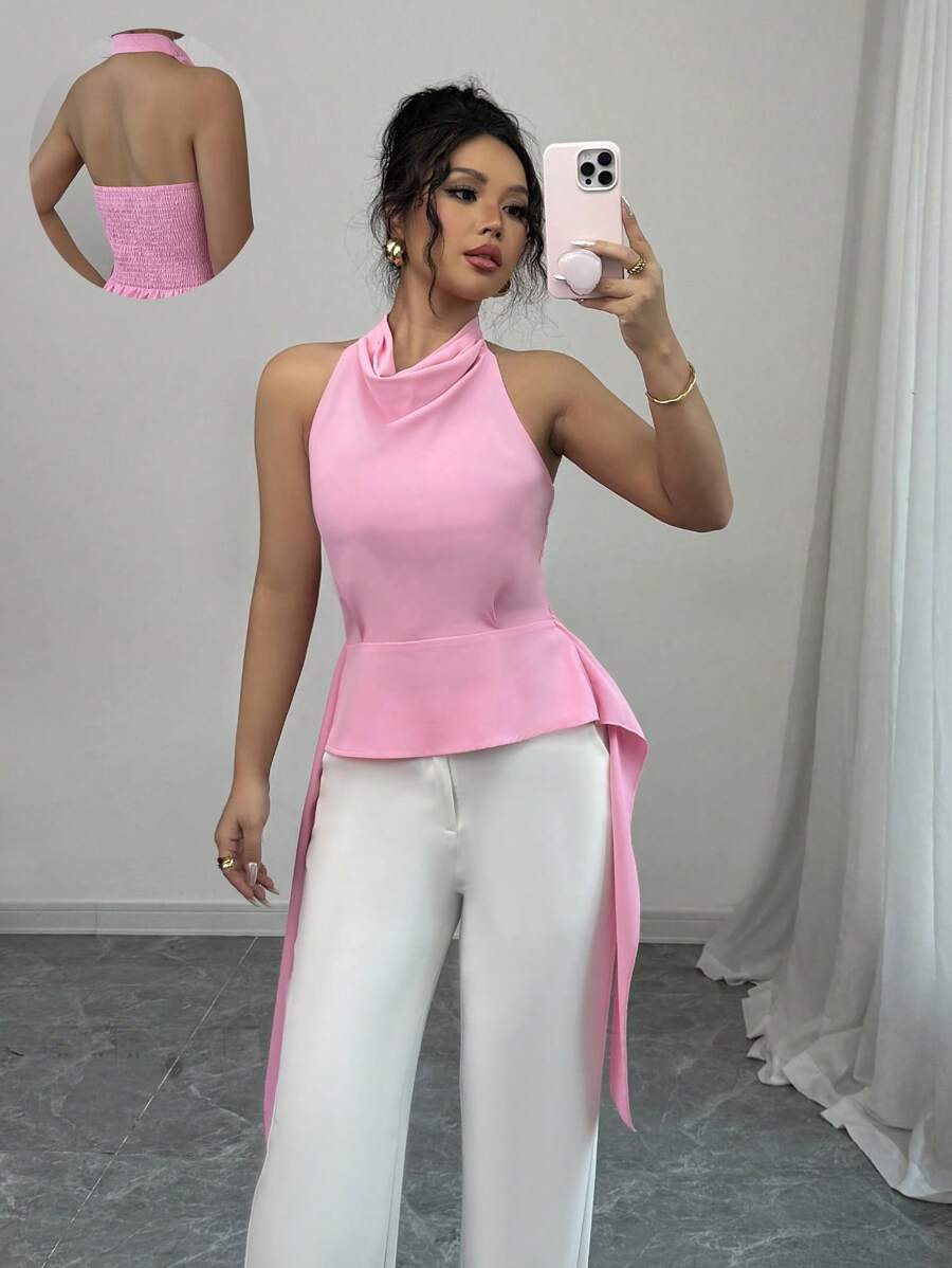 Elenzga 宽领挂脖休闲衬衫，简约时尚日常穿搭 - 粉色 - 查看 1