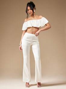 MISSGUIDED 露肩荷叶边短款上衣夏季海滩度假装芭铎风格女性休闲弹力领口节日波西米亚风混纺 - 白色 - 查看 4