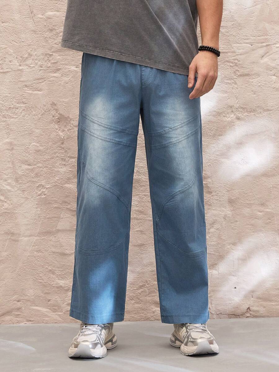 Manfinity VCAY Pantalones casuales de corte regular para hombre con efecto desteñido, parche y decoración desestructurada, pierna recta y relajada - Azul - Ver 1