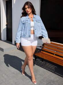 SHEIN Essnce 大码前扣长袖口袋休闲牛仔夹克