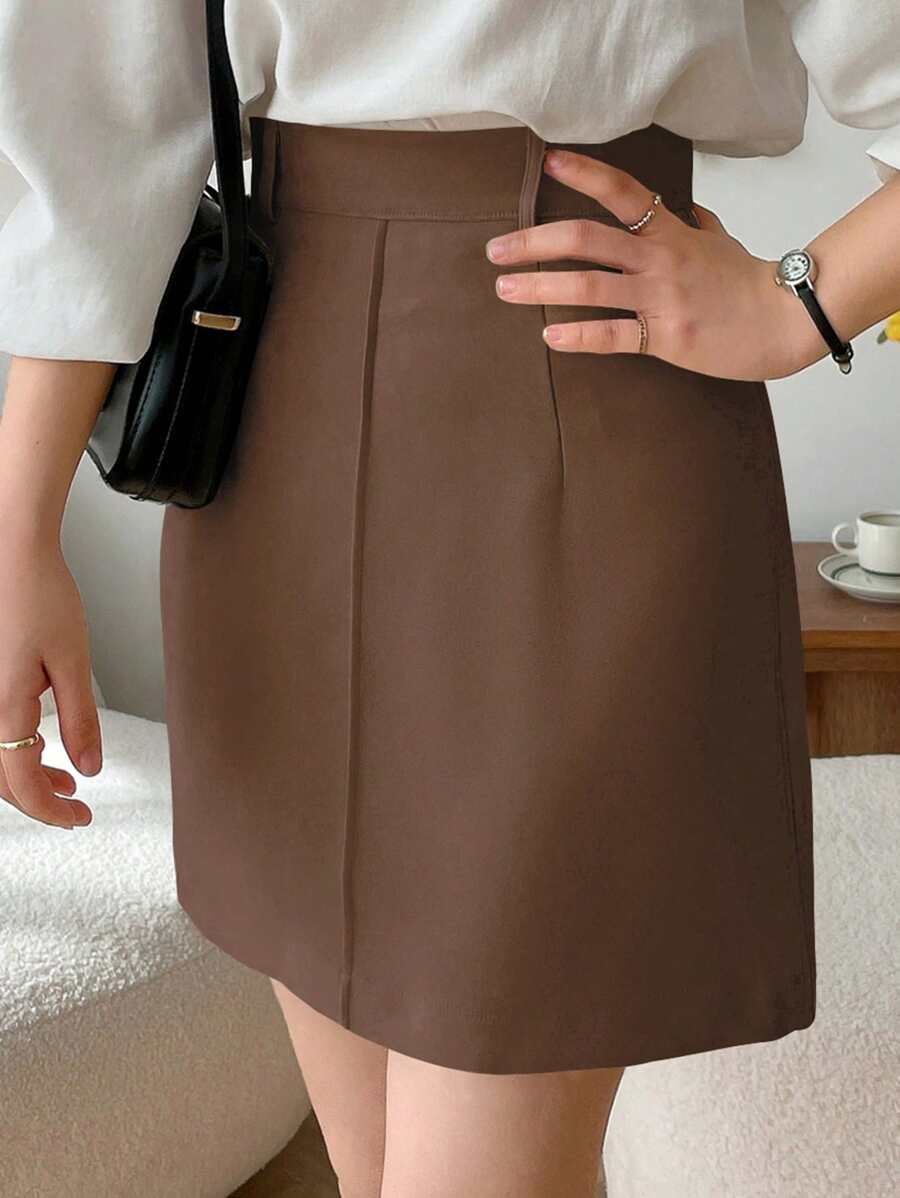 DAZY 女士休闲通勤纯色直筒裙、铅笔裙秋季半身裙 - 棕色 - 查看 1