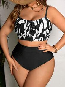 Swim Lushoire Plus Size Women's 2pcs Tie Dye Spaghetti Strap Tankini Swimwear Set For Summer Beach Vacation - Black and White - View 3