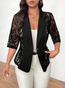 SHEIN Clasi Plus Size Women Elegant Solid Color Lace Patchwork Blazer Jacket