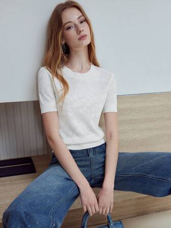 MOTF STUDIO FLORAL PATTERN SHORT SLEEVE KNIT TOP