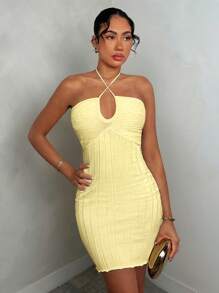 Glamine Vestido de suéter ajustado de canalé con corbata de lazo en la cintura, elegante, para mujer, primavera/verano