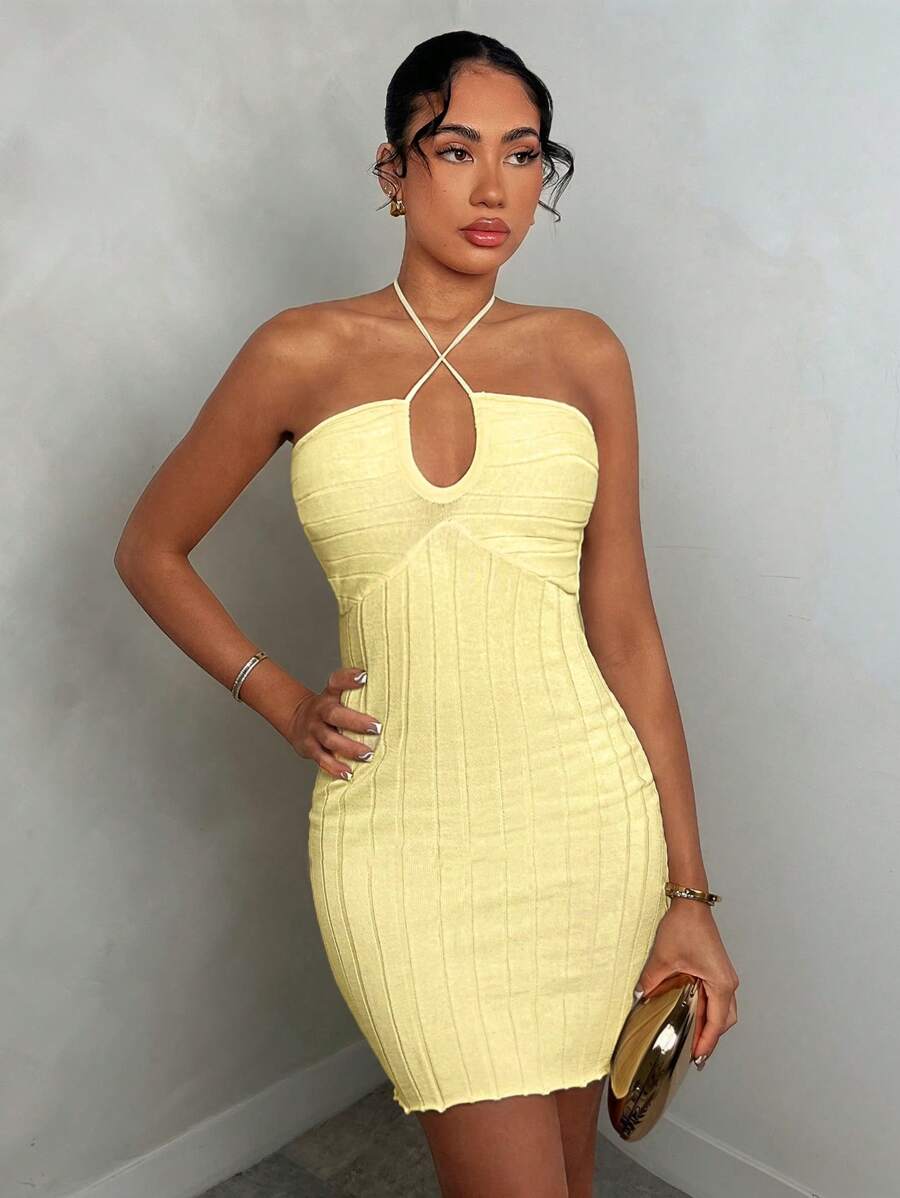 Glamine Vestido de suéter ajustado de canalé con corbata de lazo en la cintura, elegante, para mujer, primavera/verano